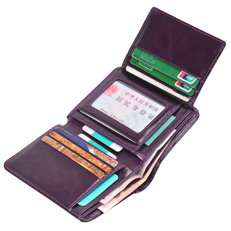 Men's Bi-fold Money Clip Genuine Leather Short Wallet Purse - Purple-6