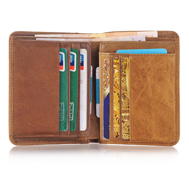 Men's Money Clip Bi-fold Crazy Horse Texture Genuine Leather Short Purse Wallet - Brown-3