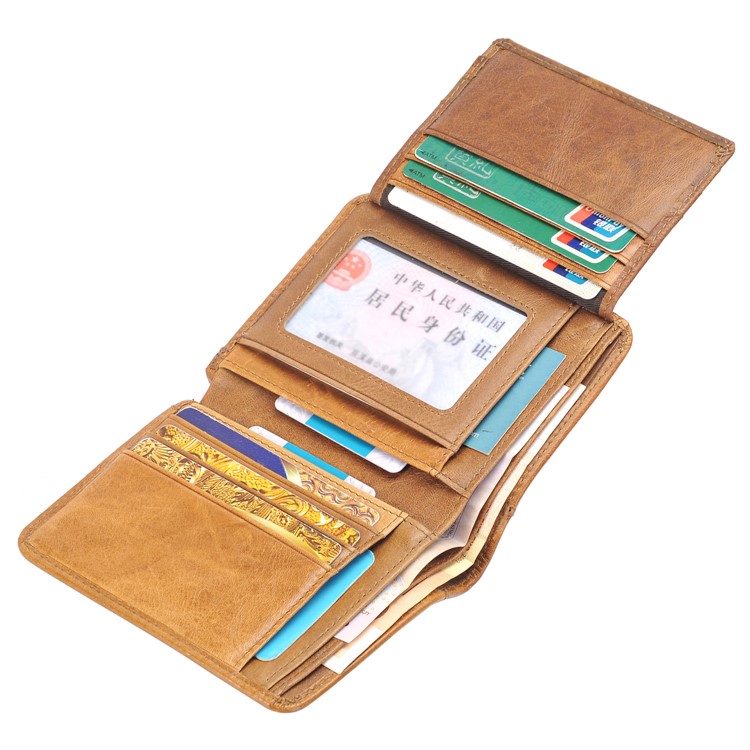 Men's Money Clip Bi-fold Crazy Horse Texture Genuine Leather Short Purse Wallet - Brown-5