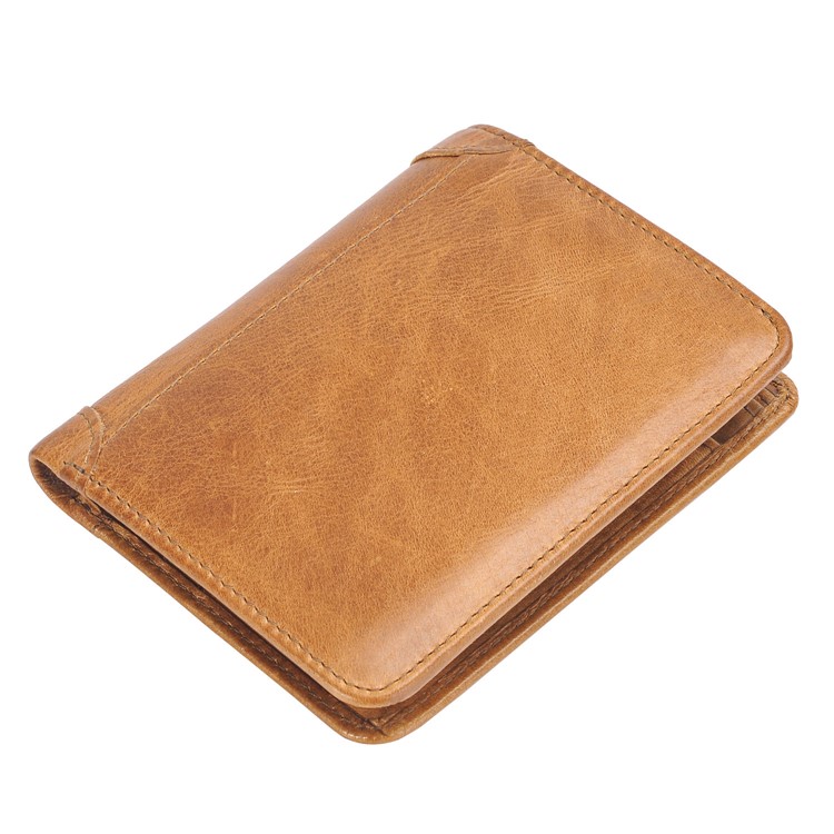 Men's Money Clip Bi-fold Crazy Horse Texture Genuine Leather Short Purse Wallet - Brown-7
