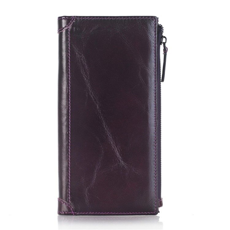 Bolso De Cuero Genuino Con Bolsillo Universal Con Cremallera Para Iphone 7 Plus, Huawei P10, Etc. - Morado Oscuro-2