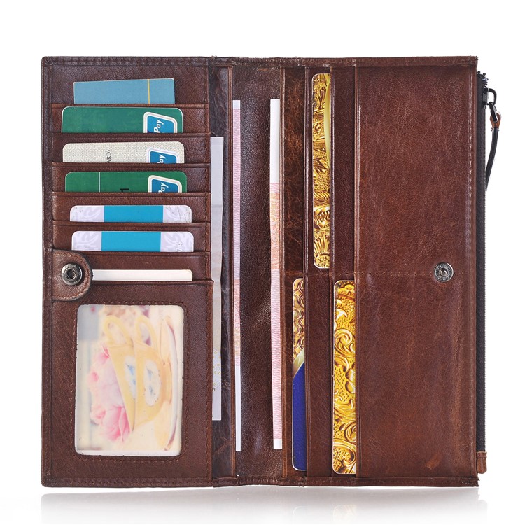 Universal Genuine Leather Zipper Pouch Case with 13 Card Slots for iPhone 7 Plus, Huawei P10 Etc. - Coffee-5