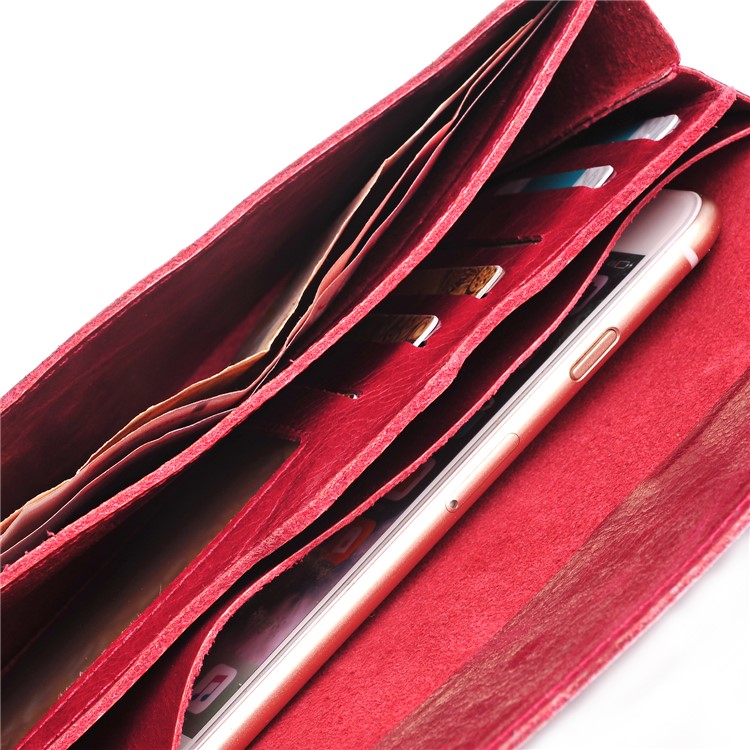 Genuine Leather Long Magnetic Wallet Phone Pouch for iPhone 7 Plus / 7, Huawei P10 Plus Etc. - Red-4