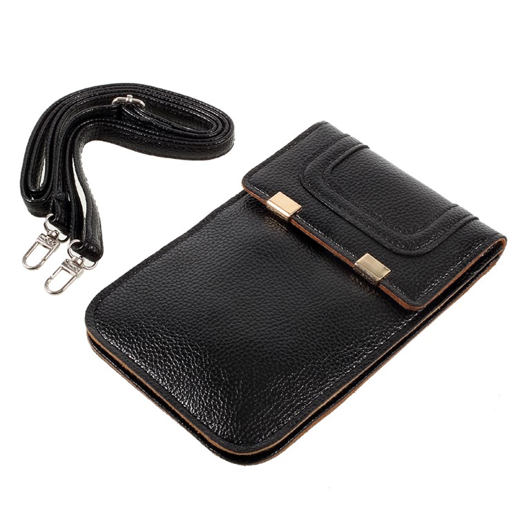 Universal Woman Leather Case with Shoulder Strap for iPhone 7 Plus/Samsung Galaxy S8 Plus, Size: 175 x 105mm - Black-4