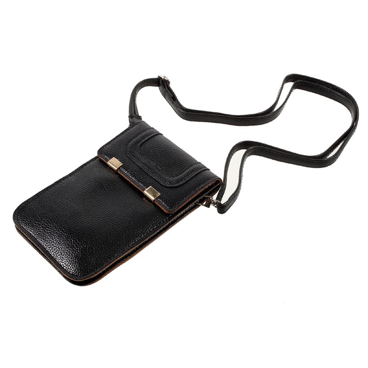 Universal Woman Leather Case with Shoulder Strap for iPhone 7 Plus/Samsung Galaxy S8 Plus, Size: 175 x 105mm - Black-5