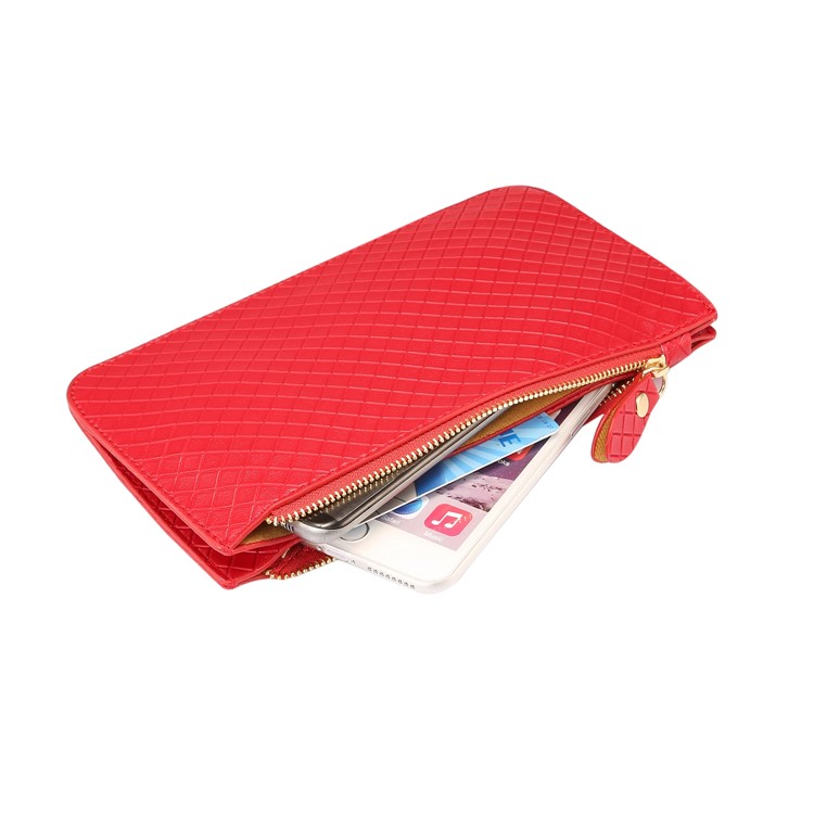 Grid Pattern PU Leather Wallet Handbag Phone Pouch Single Shoulder Bag for iPhone X/8 - Red-6