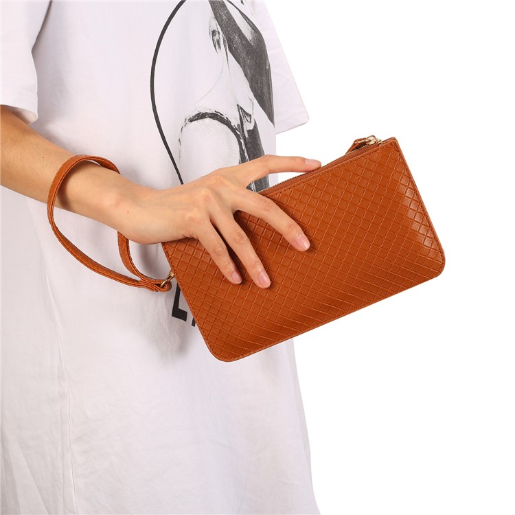 Grid Pattern Leather Wallet Handbag Multi-functional Phone Holder Purse Shoulder Bag for iPhone X/8 - Brown-1