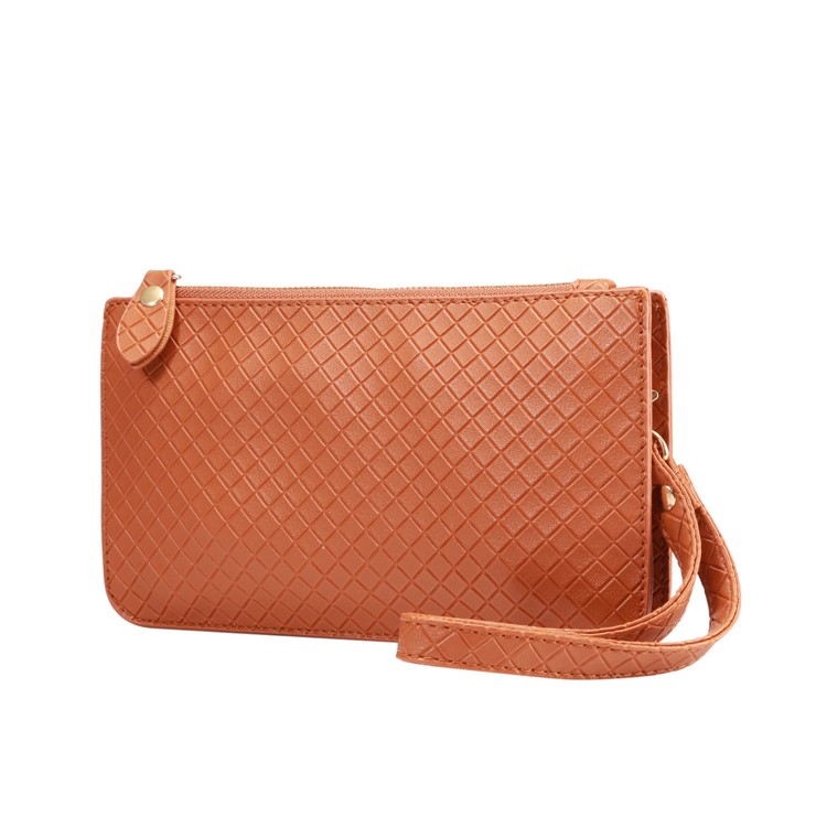Grid Pattern Leather Wallet Handbag Multi-functional Phone Holder Purse Shoulder Bag for iPhone X/8 - Brown-2