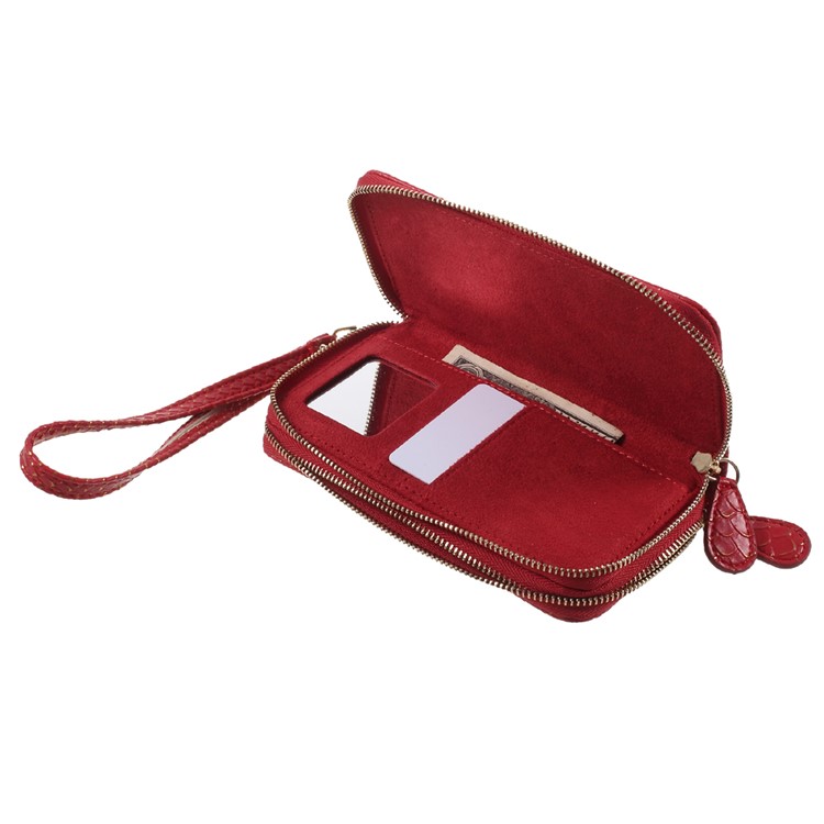 PU Leather Zipper Closure Handbag Smartphone Pouch Bag for iPhone 8 Plus/7 Plus etc. - Red / Fish Scale Texture-7