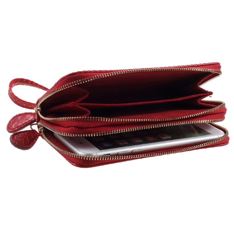 PU Leather Zipper Closure Handbag Smartphone Pouch Bag for iPhone 8 Plus/7 Plus etc. - Red / Fish Scale Texture-8