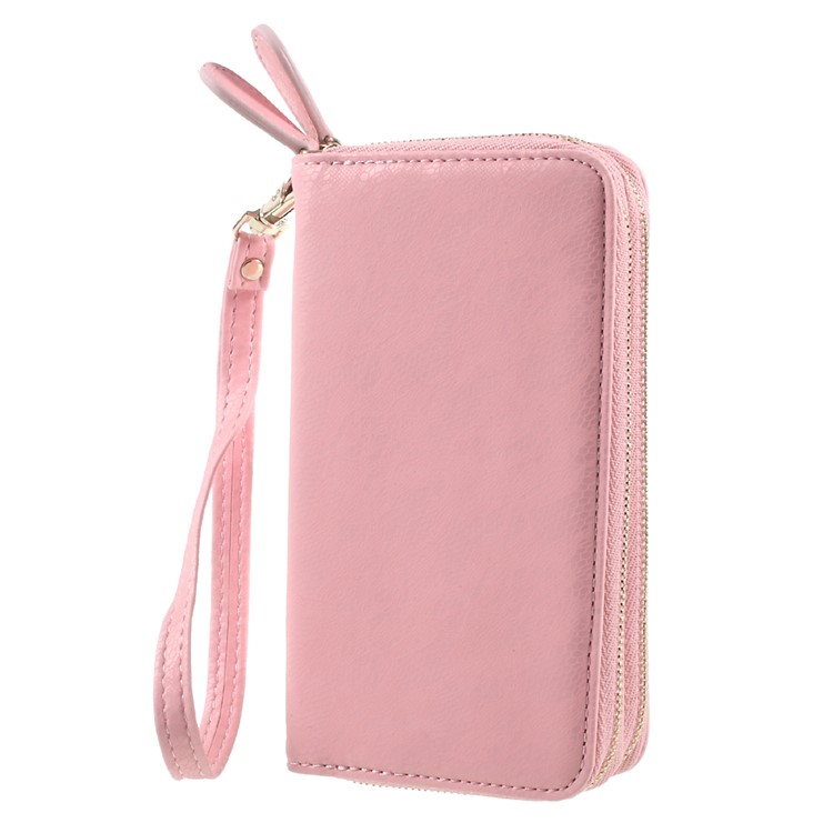 Smartphone Pouch Bag PU Leather Zipper Closure Handbag for iPhone 8 Plus/7 Plus etc. - Pink / Lace Pattern-1
