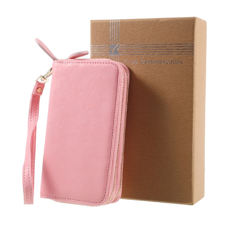 Smartphone Pouch Bag PU Leather Zipper Closure Handbag for iPhone 8 Plus/7 Plus etc. - Pink / Lace Pattern-10