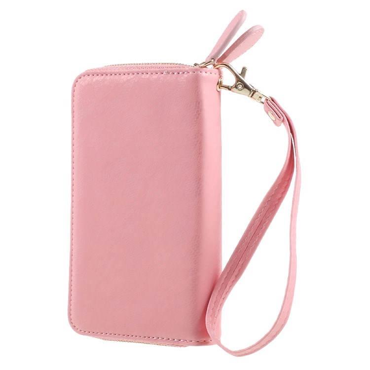 Smartphone Pouch Bag PU Leather Zipper Closure Handbag for iPhone 8 Plus/7 Plus etc. - Pink / Lace Pattern-2