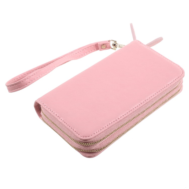 Smartphone Pouch Bag PU Leather Zipper Closure Handbag for iPhone 8 Plus/7 Plus etc. - Pink / Lace Pattern-4
