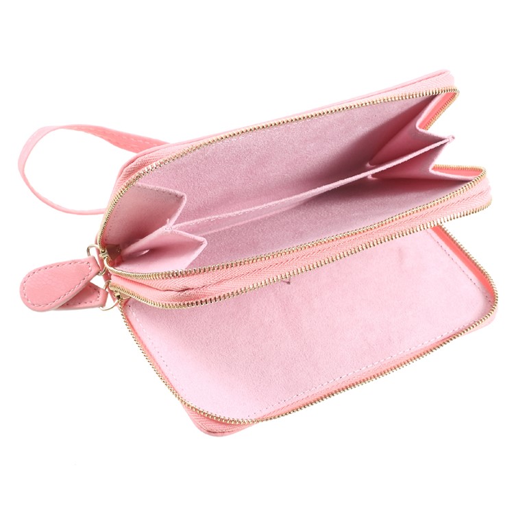 Smartphone Pouch Bag PU Leather Zipper Closure Handbag for iPhone 8 Plus/7 Plus etc. - Pink / Lace Pattern-7