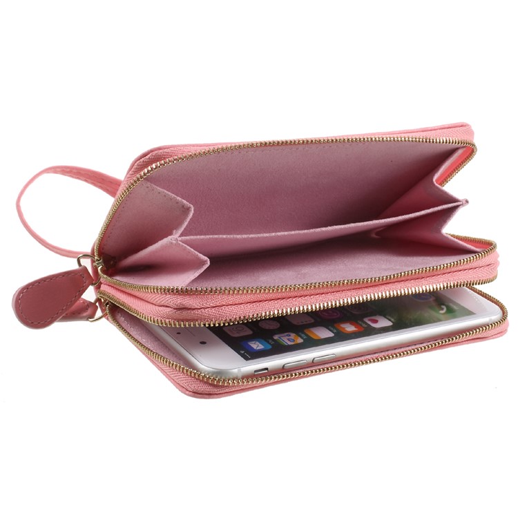 Smartphone Pouch Bag PU Leather Zipper Closure Handbag for iPhone 8 Plus/7 Plus etc. - Pink / Lace Pattern-8