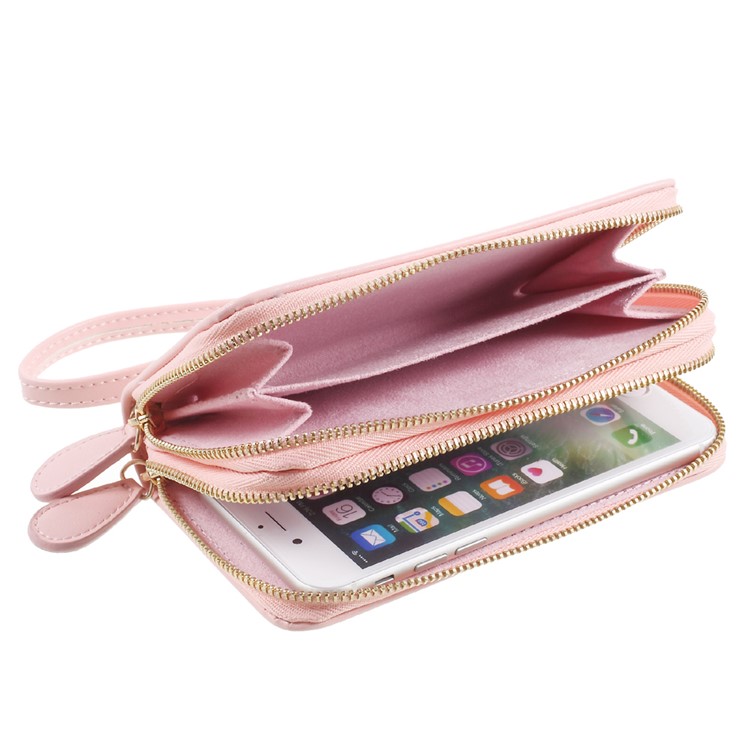 PU Leather Zipper Closure Wallet Purse Smartphone Pouch for iPhone 8 Plus/7 Plus etc. - Pink-6