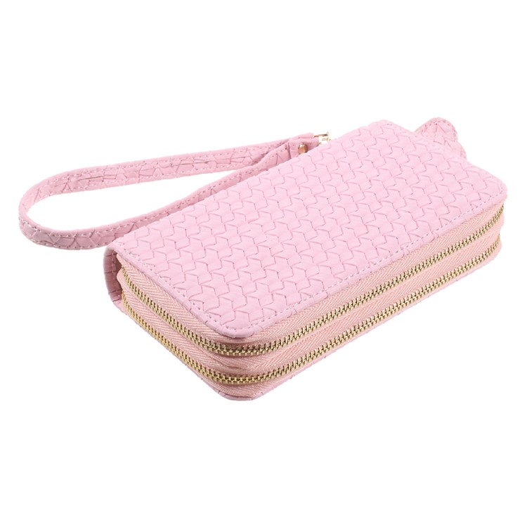 Universal Zipper Wallet Leather Shell with Strap for iPhone 6 /6s /7 - Woven Texture / Pink-4