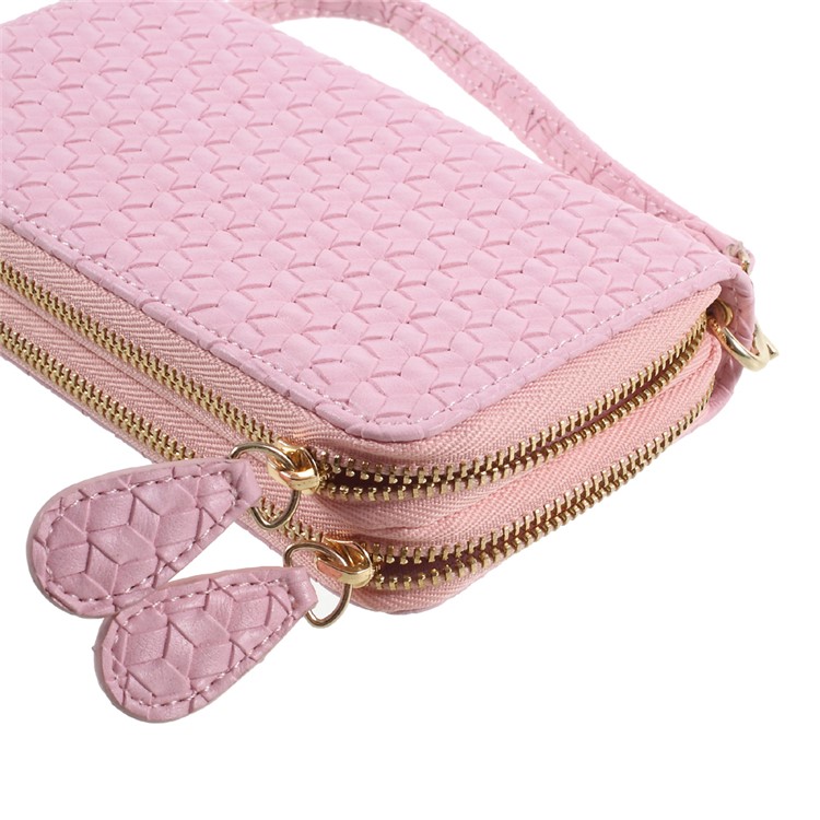 Universal Zipper Wallet Leather Shell with Strap for iPhone 6 /6s /7 - Woven Texture / Pink-5