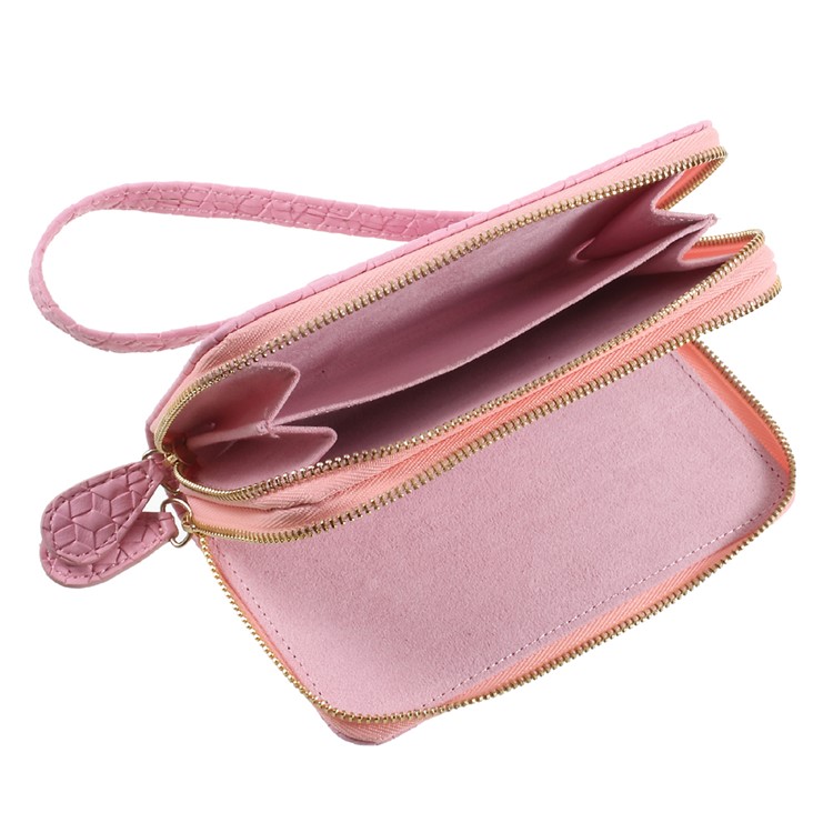 Universal Zipper Wallet Leather Shell with Strap for iPhone 6 /6s /7 - Woven Texture / Pink-7
