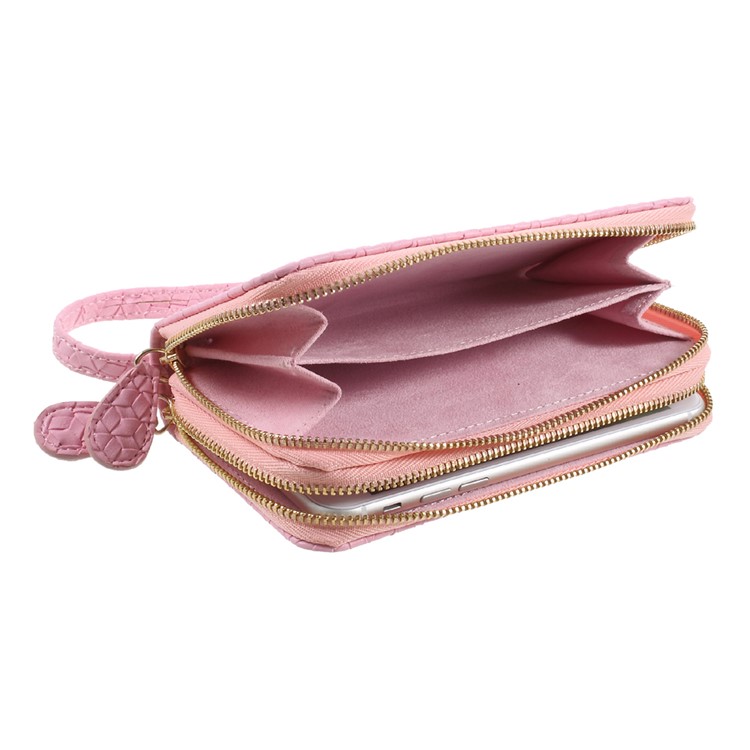 Universal Zipper Wallet Leather Shell with Strap for iPhone 6 /6s /7 - Woven Texture / Pink-8