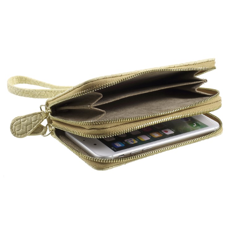 For iPhone 6 /6s /7 Universal Zipper Wallet Leather Case with Strap - Woven Texture / Beige-6