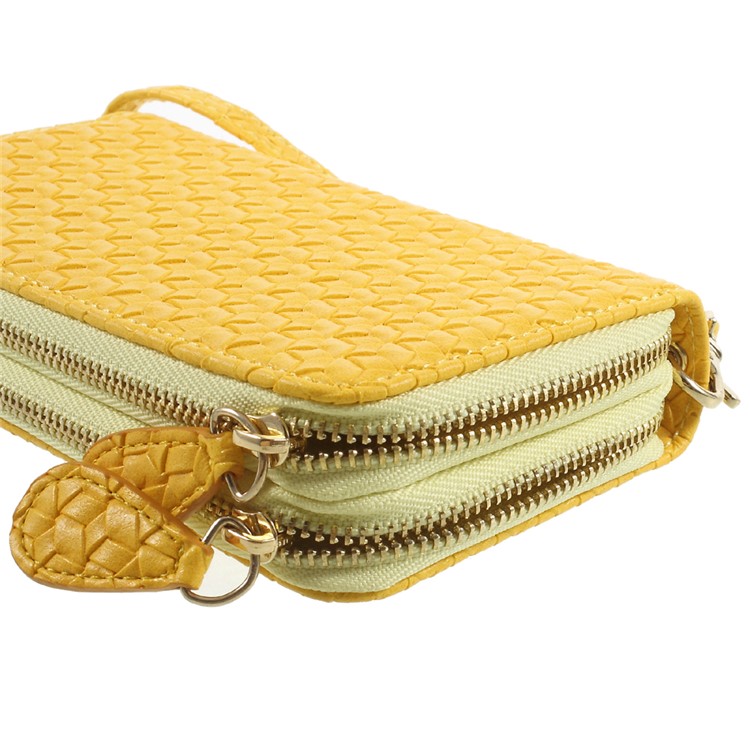 For iPhone 6 /6s /7 Universal Zipper Wallet Leather Phone Casing with Strap - Woven Texture / Yellow-4