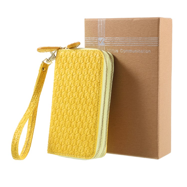 For iPhone 6 /6s /7 Universal Zipper Wallet Leather Phone Casing with Strap - Woven Texture / Yellow-7