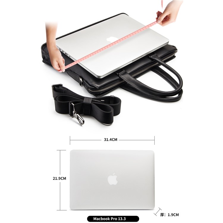 Business Style Cowhide Leather Notebook Handbag Shoulder Bag for MacBook 14 inch - Black-14