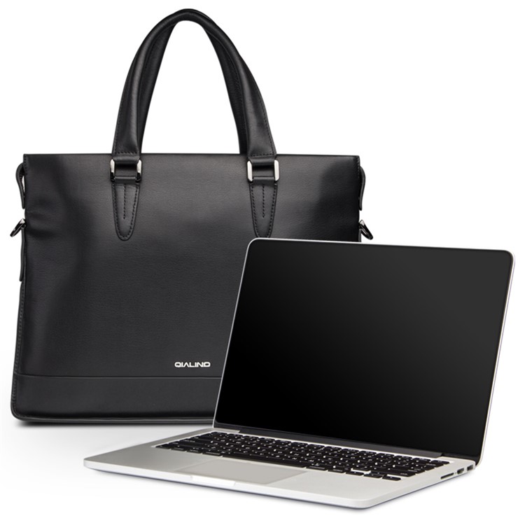 Business Style Cowhide Leather Notebook Handbag Shoulder Bag for MacBook 14 inch - Black-4