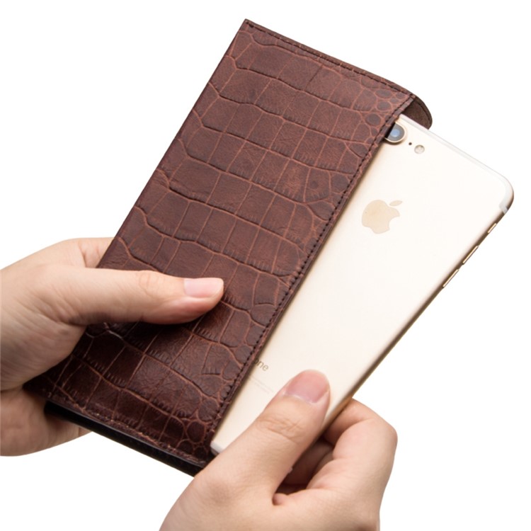 QIALINO Crocodile Style Texture Cowhide Leather Wallet Pouch Cover for iPhone 7 Plus, Size: 9.5 x 18.4cm - Brown-4