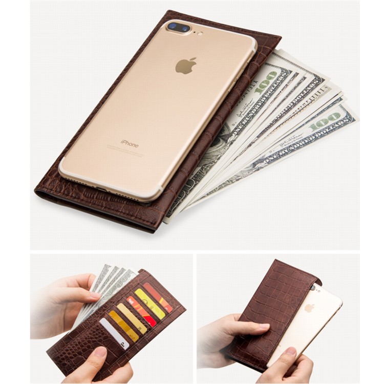 QIALINO Cowhide Leather Bamboo Grain Wallet Pouch Cover for iPhone 7 Plus, Size: 9.5 x 18.4cm - Brown-3