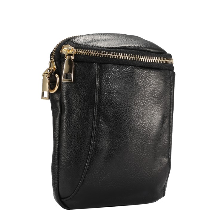 6.4 inch Litchi Grain PU Leather Double Layer Zipper Closure Sling Bag - Black-1