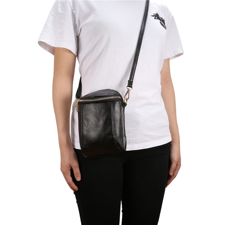 6.4 inch Litchi Grain PU Leather Double Layer Zipper Closure Sling Bag - Black-6