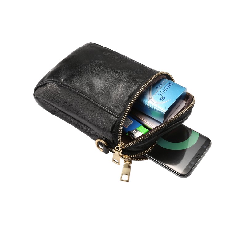 6.4 inch Litchi Grain PU Leather Double Layer Zipper Closure Sling Bag - Black-9