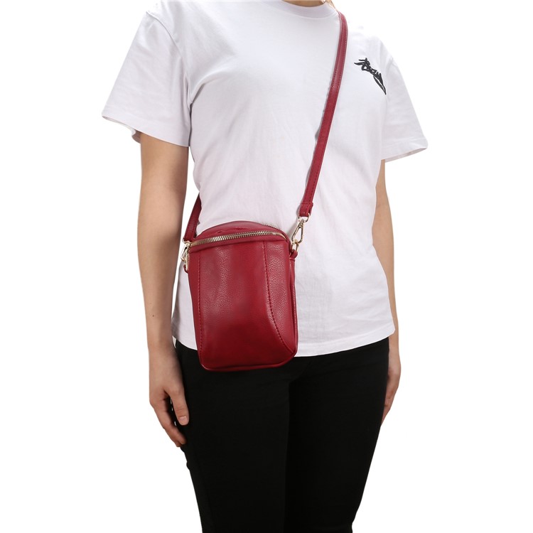 6.4 inch Litchi Grain Double Layer Zipper Closure Single-shoulder Sling Bag - Wine Red-6