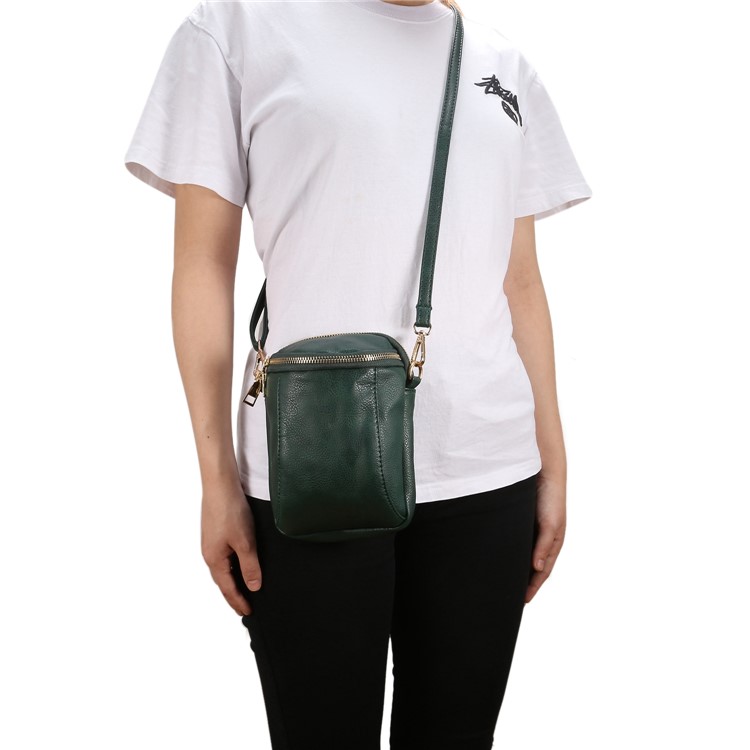 6.4 inch Litchi Grain PU Leather Crossbody Double Layer Zipper Closure Sling Bag - Blackish Green-6