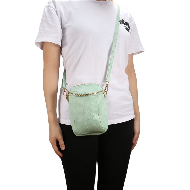 6.4 inch Sling Bag Litchi Grain Double Layer Zipper Closure Shoulder Bag - Light Green-6