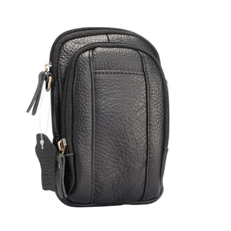 Litchi Texture Genuine Leather Zipper Sling Bag Waist Bag for iPhone X/Samsung Galaxy Note 8, Size: 10.5 x 17cm - Black-1