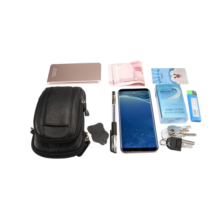 Litchi Texture Genuine Leather Zipper Sling Bag Waist Bag for iPhone X/Samsung Galaxy Note 8, Size: 10.5 x 17cm - Black-11