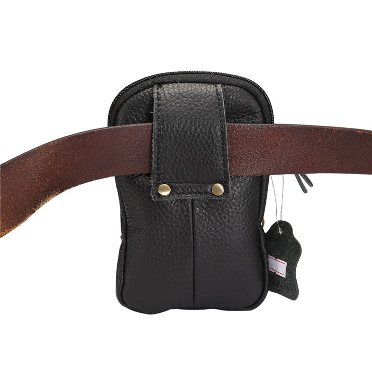 Litchi Texture Genuine Leather Zipper Sling Bag Waist Bag for iPhone X/Samsung Galaxy Note 8, Size: 10.5 x 17cm - Black-12