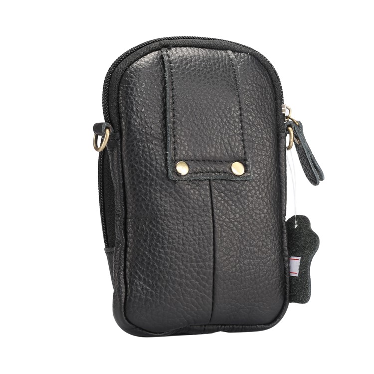 Litchi Texture Genuine Leather Zipper Sling Bag Waist Bag for iPhone X/Samsung Galaxy Note 8, Size: 10.5 x 17cm - Black-2