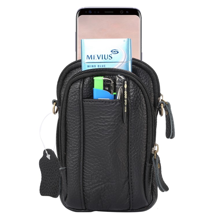 Litchi Texture Genuine Leather Zipper Sling Bag Waist Bag for iPhone X/Samsung Galaxy Note 8, Size: 10.5 x 17cm - Black-3