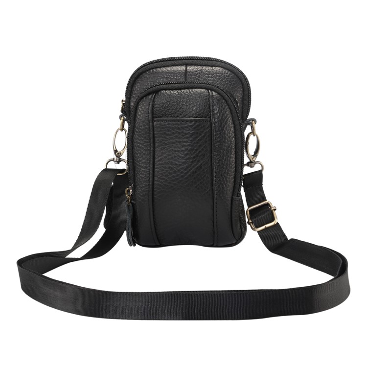 Litchi Texture Genuine Leather Zipper Sling Bag Waist Bag for iPhone X/Samsung Galaxy Note 8, Size: 10.5 x 17cm - Black-4