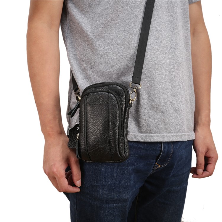 Litchi Texture Genuine Leather Zipper Sling Bag Waist Bag for iPhone X/Samsung Galaxy Note 8, Size: 10.5 x 17cm - Black-5