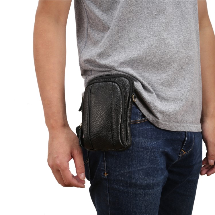 Litchi Texture Genuine Leather Zipper Sling Bag Waist Bag for iPhone X/Samsung Galaxy Note 8, Size: 10.5 x 17cm - Black-6