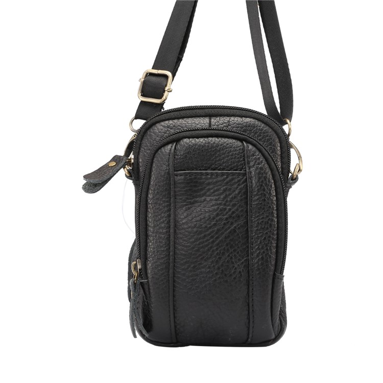 Litchi Texture Genuine Leather Zipper Sling Bag Waist Bag for iPhone X/Samsung Galaxy Note 8, Size: 10.5 x 17cm - Black-7