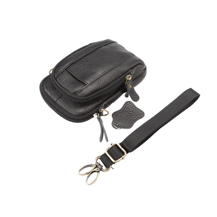 Litchi Texture Genuine Leather Zipper Sling Bag Waist Bag for iPhone X/Samsung Galaxy Note 8, Size: 10.5 x 17cm - Black-8