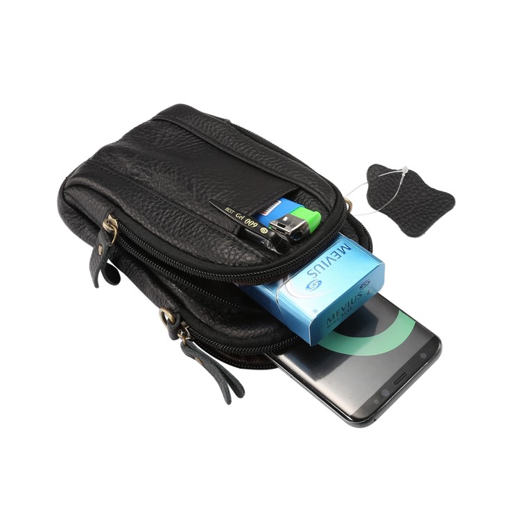 Litchi Texture Genuine Leather Zipper Sling Bag Waist Bag for iPhone X/Samsung Galaxy Note 8, Size: 10.5 x 17cm - Black-9