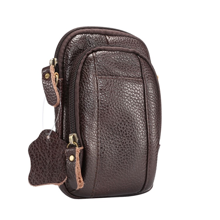 Litchi Grain Genuine Leather Dual-pocket Zipper Sling Bag Waist Bag for iPhone X/Samsung Galaxy Note 8, Size: 10.5 x 17cm - Coffee-1